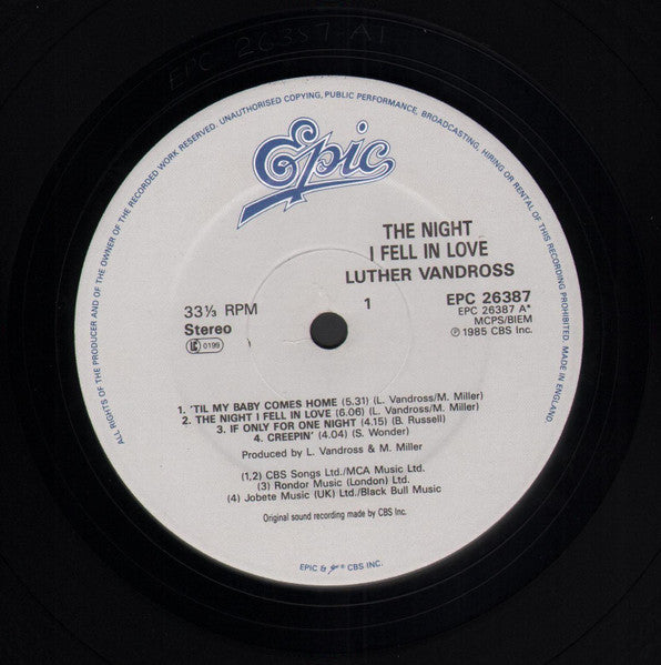 Luther Vandross : The Night I Fell In Love (LP, Album)