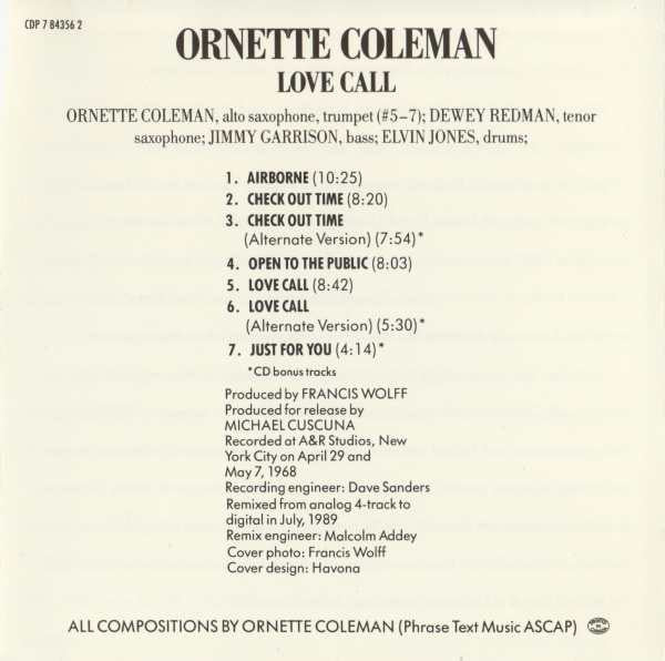 Ornette Coleman : Love Call (CD, Album, RE)
