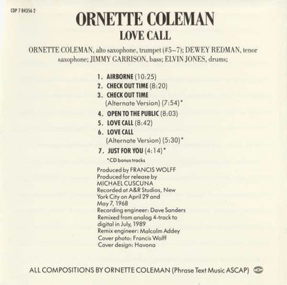 Ornette Coleman : Love Call (CD, Album, RE)