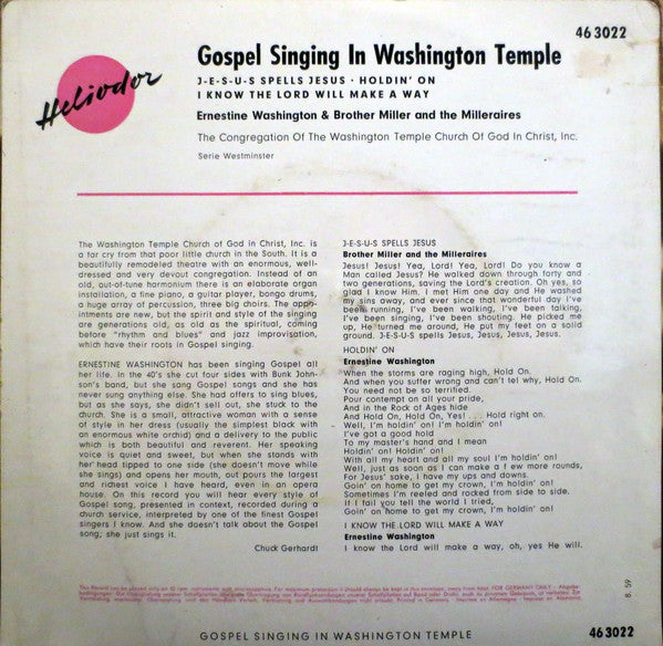 Ernestine Washington & Brother Miller And The Milleraires : Gospel Singing In Washington Temple (7", EP)