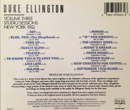 Duke Ellington : The Private Collection: Volume Three, Studio Sessions, New York 1962 (CD, RE)