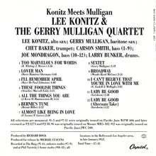 Lee Konitz & Gerry Mulligan Quartet : Konitz Meets Mulligan (CD, Album, RE)