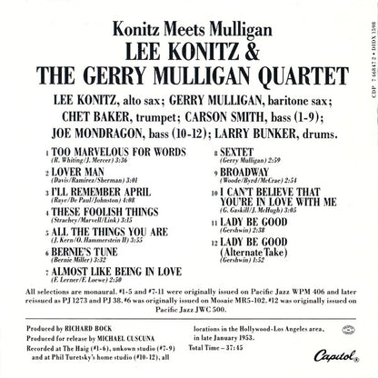 Lee Konitz & Gerry Mulligan Quartet : Konitz Meets Mulligan (CD, Album, RE)