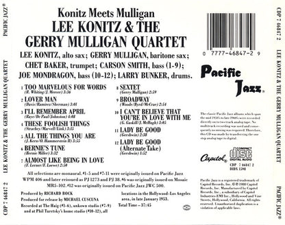 Lee Konitz & Gerry Mulligan Quartet : Konitz Meets Mulligan (CD, Album, RE)
