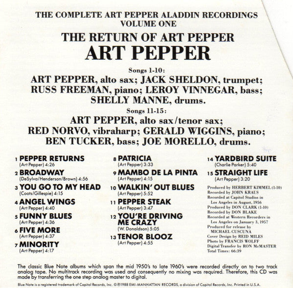 Art Pepper : The Return Of Art Pepper (CD, Album, RE)