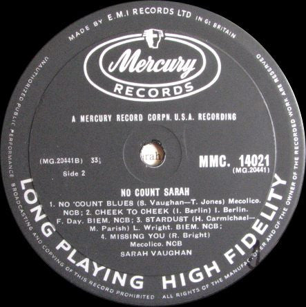 Sarah Vaughan : No Count Sarah (LP, Album, Mono)
