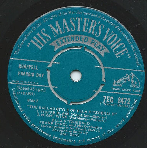 Ella Fitzgerald With Frank De Vol And His Orchestra : The Ballad Style Of Ella Fitzgerald (7")