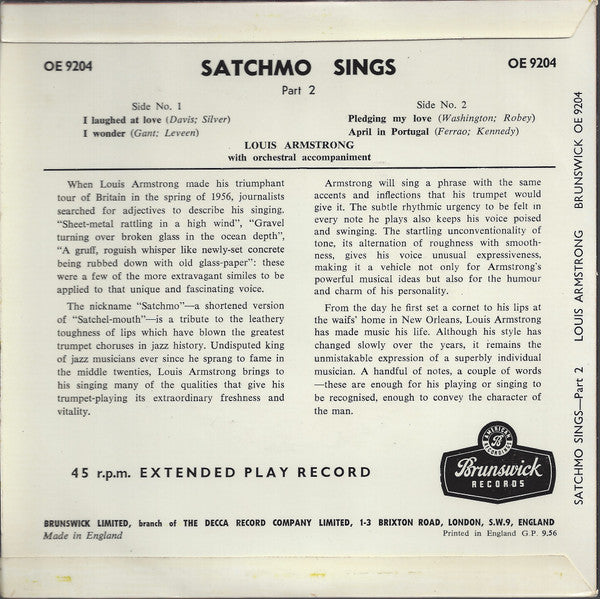 Louis Armstrong With Orchestra* : Satchmo Sings - Part 2 (7", EP)