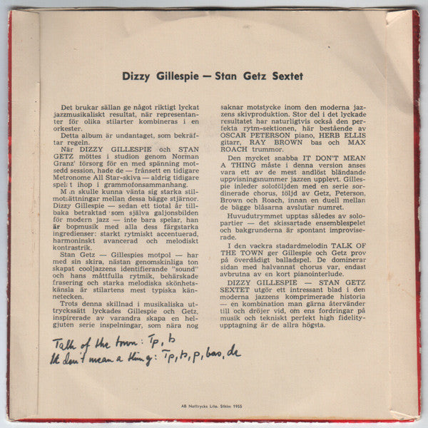 Dizzy Gillespie - Stan Getz Sextet : Talk Of The Town / It Don't Mean A Thing (7", EP)