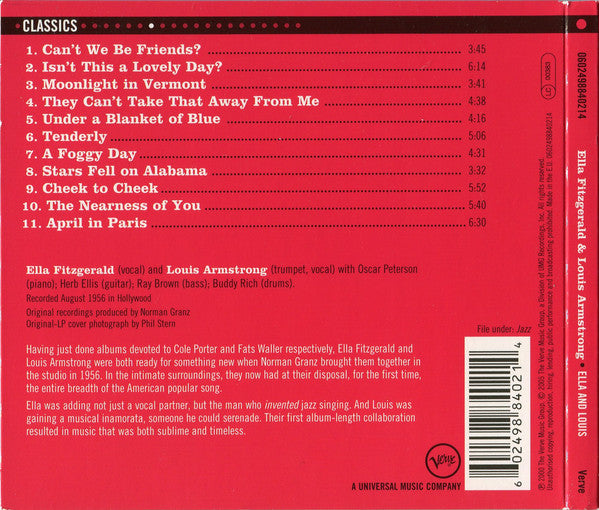 Ella Fitzgerald And Louis Armstrong : Ella And Louis (CD, Album, RE, RM, Dig)