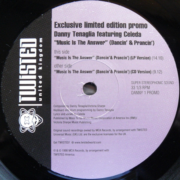 Danny Tenaglia Featuring Celeda : Music Is The Answer (Dancin' And Prancin') (12", Ltd, Promo)