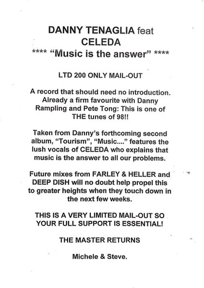 Danny Tenaglia Featuring Celeda : Music Is The Answer (Dancin' And Prancin') (12", Ltd, Promo)