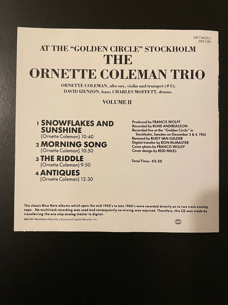 The Ornette Coleman Trio : At The "Golden Circle" Stockholm - Volume Two (CD, Album, RE)