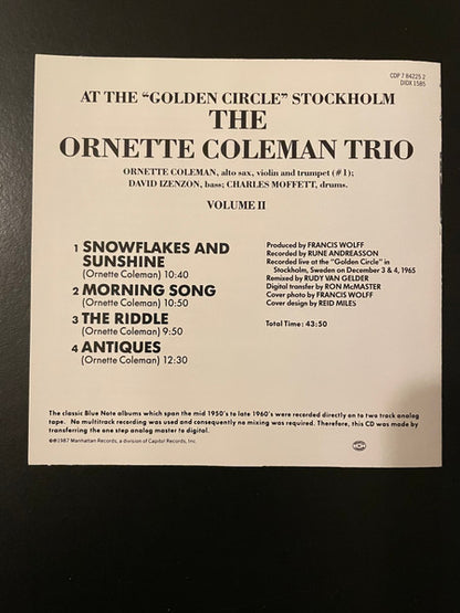 The Ornette Coleman Trio : At The "Golden Circle" Stockholm - Volume Two (CD, Album, RE)