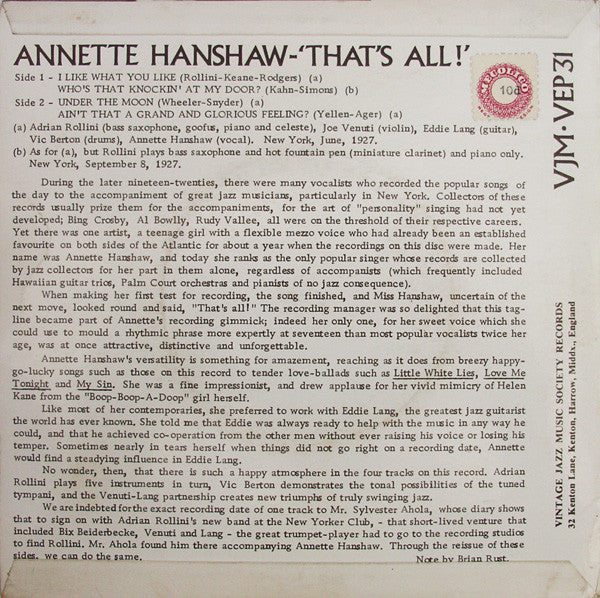 Annette Hanshaw / Joe Venuti / Eddie Lang / Adrian Rollini / Vic Berton : That's All (7", EP, Comp)
