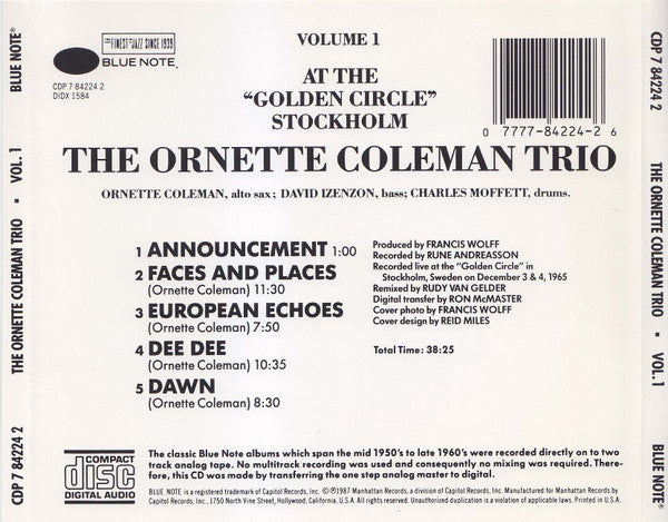 The Ornette Coleman Trio : At The "Golden Circle" Stockholm - Volume One (CD, Album, RE)