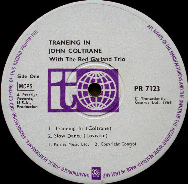 John Coltrane With The Red Garland Trio : Traneing In (LP, Album, RE)