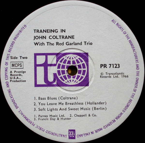 John Coltrane With The Red Garland Trio : Traneing In (LP, Album, RE)