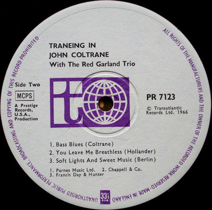 John Coltrane With The Red Garland Trio : Traneing In (LP, Album, RE)