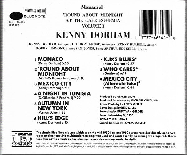 Kenny Dorham : 'Round About Midnight At The Cafe Bohemia • Volume 1 (CD, Album, Mono, RE)