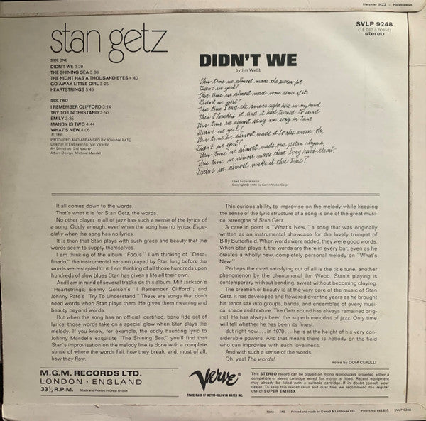 Stan Getz : Didn't We (LP, Album)