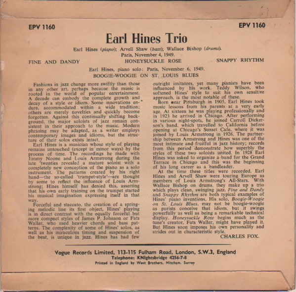 Earl "Fatha" Hines Trio : Earl Hines Trio (7", EP)