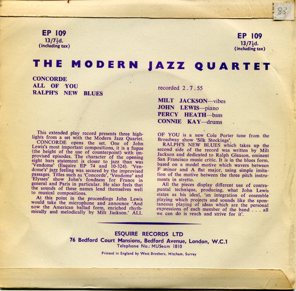 The Modern Jazz Quartet : Concorde (7", EP)