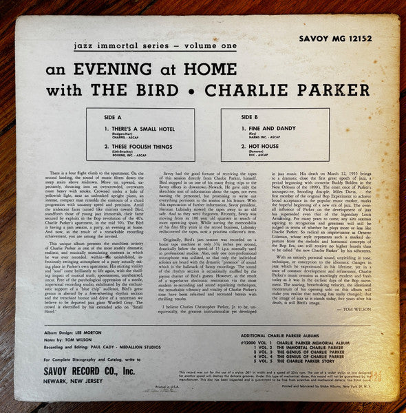Charlie Parker : An Evening At Home With The Bird (LP, Album, Mono)