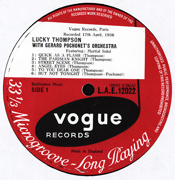 Lucky Thompson With Gérard Pochonet And His Orchestra Featuring Martial Solal : Lucky Thompson With Gerard Pochonet's Orchestra (LP, Album)