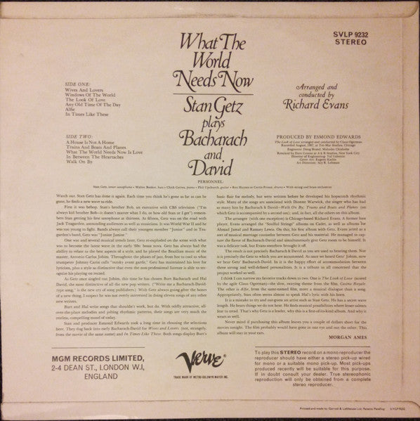 Stan Getz : What The World Needs Now (Stan Getz Plays Bacharach And David) (LP, Album)
