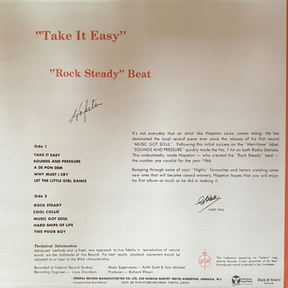 Hopeton Lewis : "Take It Easy" With The "Rock Steady" Beat (LP, Album, RE)