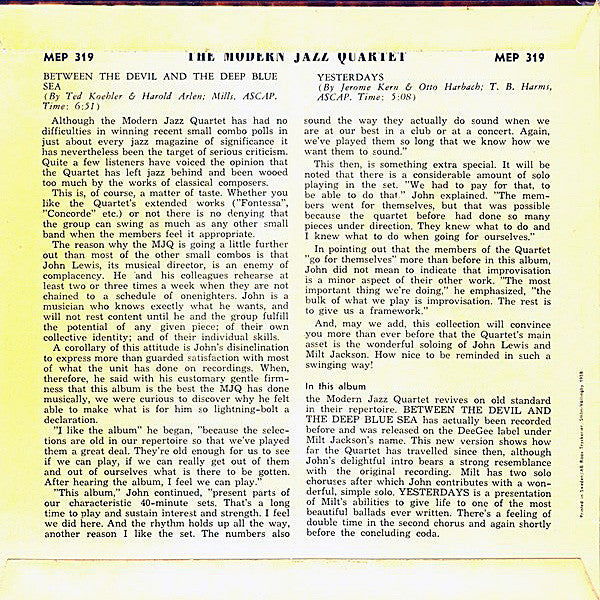 The Modern Jazz Quartet : Between The Devil And The Deep Blue Sea / Yesterdays (7", EP, 3-p)