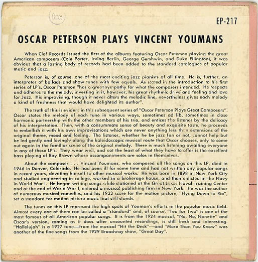Oscar Peterson : Oscar Peterson Plays Vincent Youmans (7", EP, Mono)
