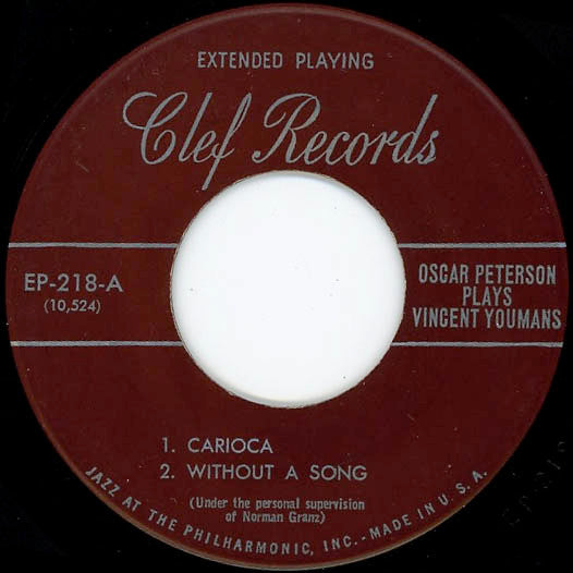 Oscar Peterson : Oscar Peterson Plays Vincent Youmans (7", EP, Mono)