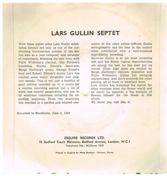 Lars Gullin Septet : Primula Veris/Laburnum Vulgare (Vol.1) (7", EP)