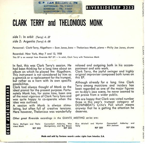 Clark Terry And Thelonious Monk : Giants Meeting (7", EP, Mono)