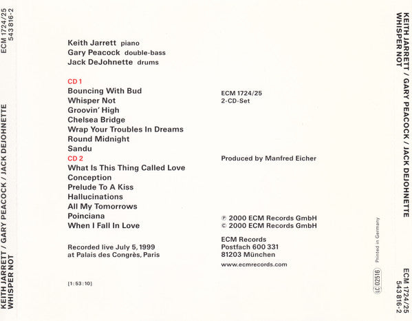 Keith Jarrett / Gary Peacock / Jack DeJohnette : Whisper Not (Live In Paris 1999) (2xCD, Album)