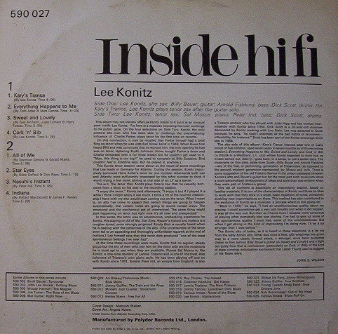 Lee Konitz : Inside Hi-Fi (LP, Album, Mono, RE)