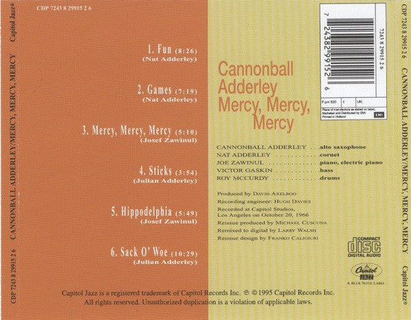 The Cannonball Adderley Quintet : Mercy, Mercy, Mercy! (Live At "The Club") (CD, Album, RE)