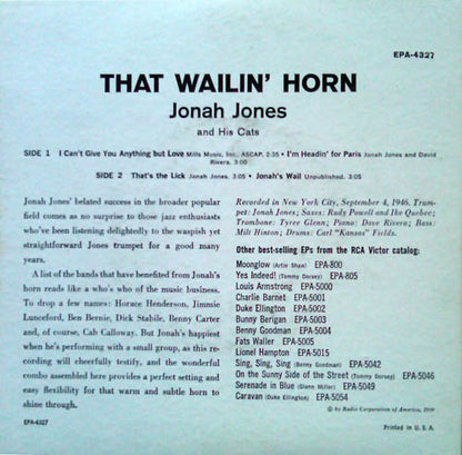 Jonah Jones And His Cats : That Wailin' Horn (7", EP)
