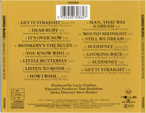 Carmen McRae : Carmen Sings Monk (CD, Album)