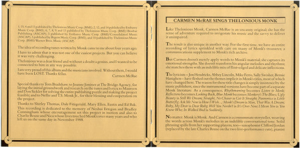 Carmen McRae : Carmen Sings Monk (CD, Album)