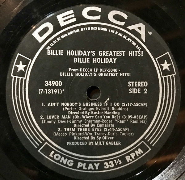 Billie Holiday : Billie Holiday's Greatest Hits! (7", Jukebox)