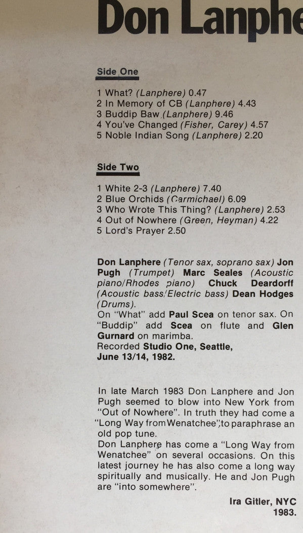Don Lanphere Quintet Featuring Jon Pugh (2) : From "Out Of Nowhere" (LP, Album)