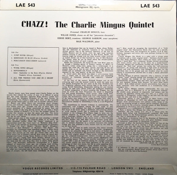 The Charles Mingus Quintet : Chazz! (LP, Album, Mono, RE)