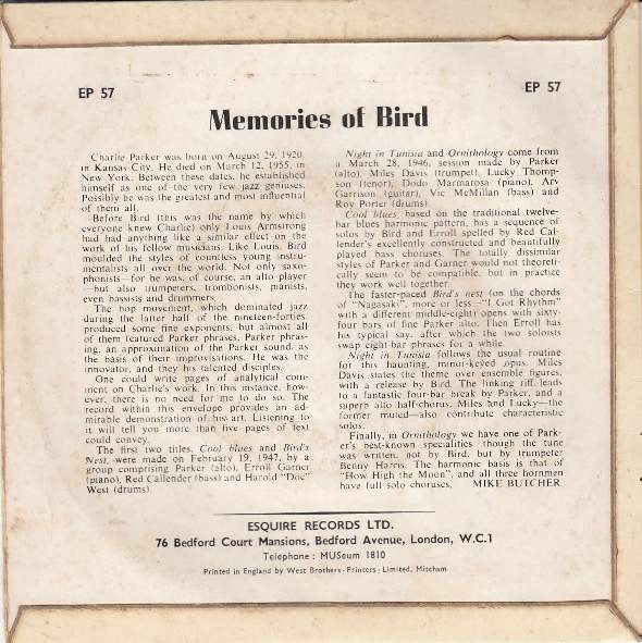 The Charlie Parker Septet  /  The Charlie Parker Quartet : Memories Of Bird (7", EP, RE, 4-P)