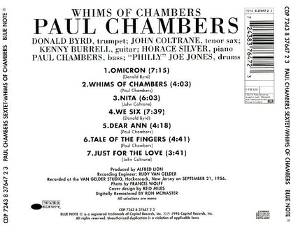 Paul Chambers Sextet : Whims Of Chambers (CD, Album, Mono, RE, RM)