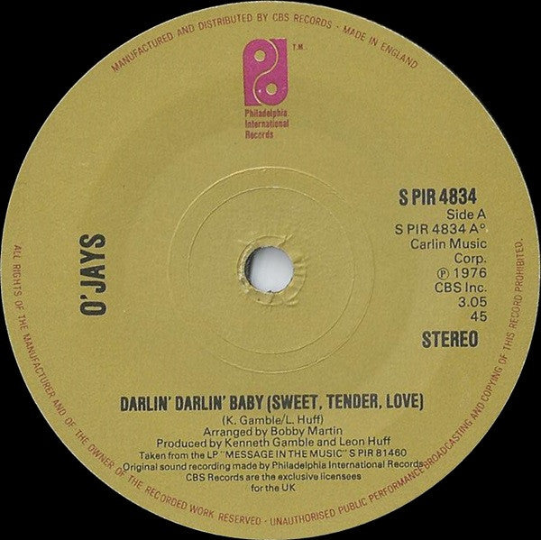 The O'Jays : Darlin' Darlin' Baby (Sweet, Tender, Love) (7", Single, Sol)