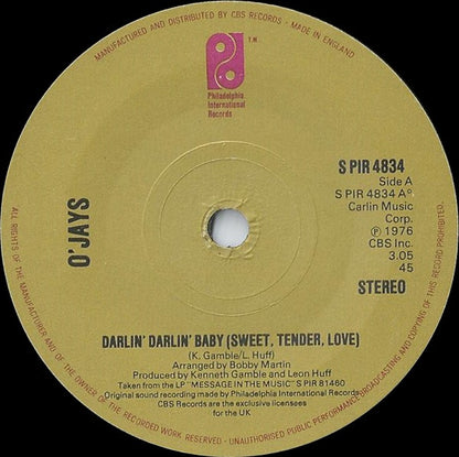 The O'Jays : Darlin' Darlin' Baby (Sweet, Tender, Love) (7", Single, Sol)