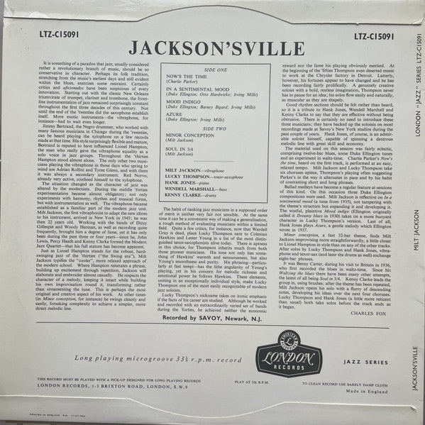 Milt Jackson : Jackson'sville (LP, Album, Mono)